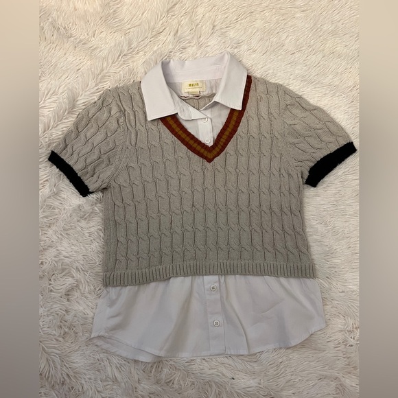 Anthropologie Maeve Layered Cable Sweater With Collar Sz XS - Picture 4 of 11